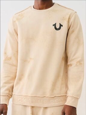 True Religion Men's Debossed logo raw trim sweatshirt Rib Pullover Cream